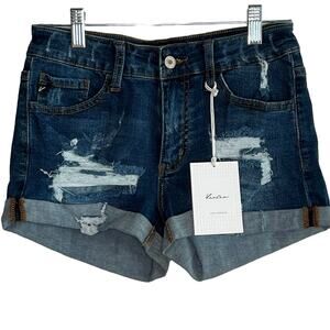 KanCan Rolled Cuff Hem Distressed Denim Blue Shorts Pockets Womens Size 3 NWT
